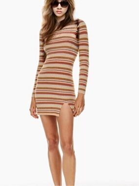 Aritzia Wilfred Ribbed Striped Long-Sleeve Mini Dress in Beige and Brown
